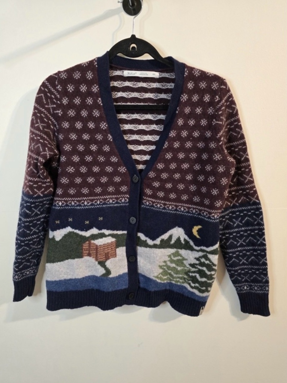 Woolrich Cardigan Sweater Womens Wool Chimney Peak Winter Snow Cabin Moon Sz M